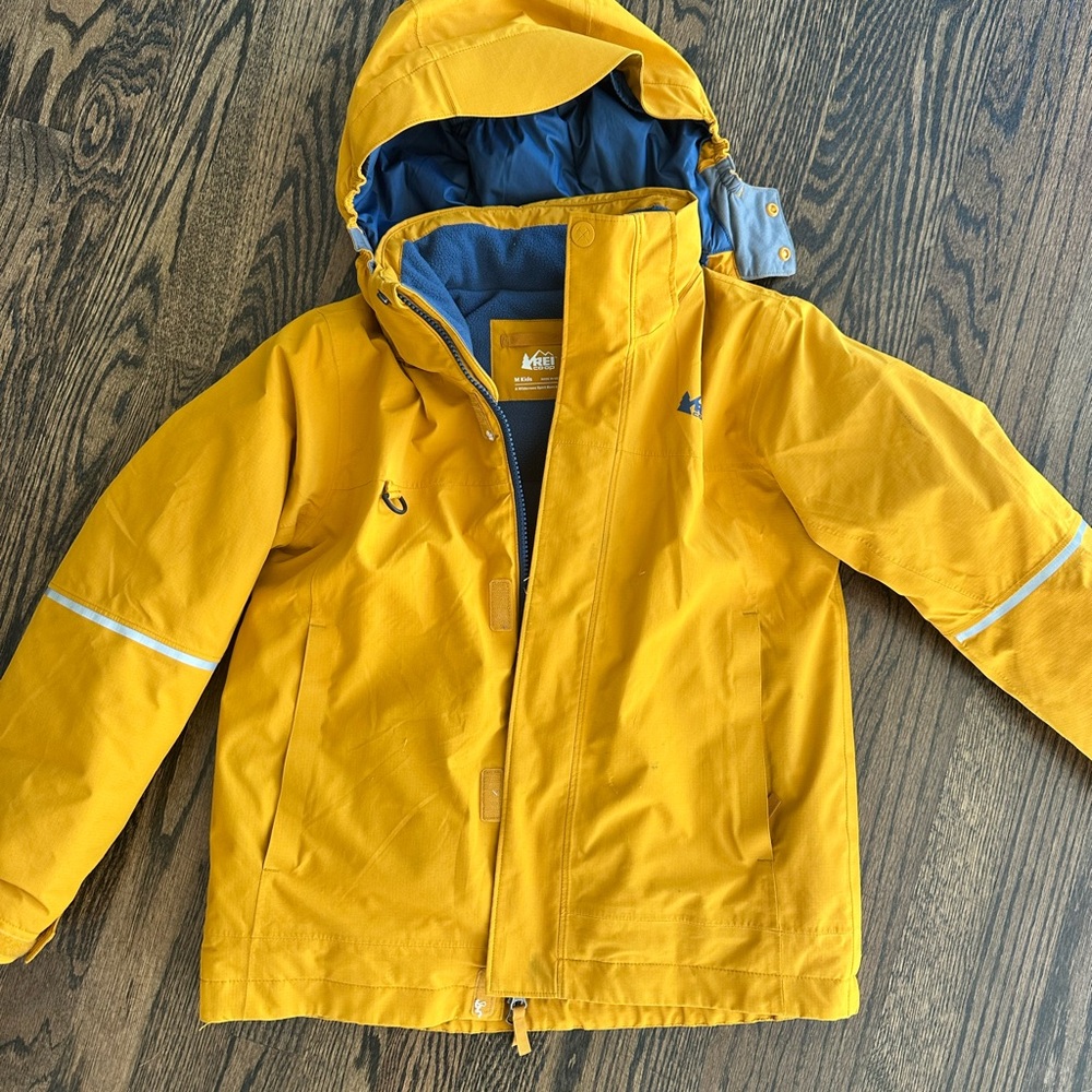 REI Kids Mustard Raincoat with Blue Lining